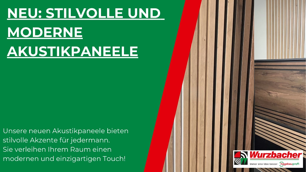 Stilvolle und moderne Akustikpaneele von Wurzbacher bieten stilvolle Akzente für jeden Raum. Sie verleihen Ihrem Raum einen modernen und einzigartigen Touch. Rechts im Bild sind verschiedene Holzpaneele zu sehen. Unten rechts ist das Wurzbacher-Logo.