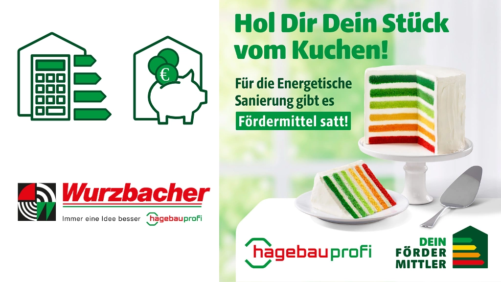 Werbegrafik von hagebauprofi, „Dein Fördermittler“ & Wurzbacher GmbH: Hol dir dein Stück vom Kuchen! Für die energetische Sanierung gibt es Fördermittel satt. Wir von Wurzbacher GmbH helfen dir bei der Beantragung der Gelder. Bunter Schichtkuchen rechts.