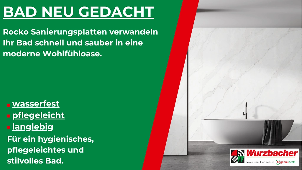 Werbegrafik von Wurzbacher: Rocko Sanierungsplatten verwandeln Ihr Bad schnell und sauber in eine moderne Wohlfühloase. Wasserfest, pflegeleicht und langlebig. Rechts modernes Bad mit freistehender Wanne und hellen Wänden in einer Marmor Optik.