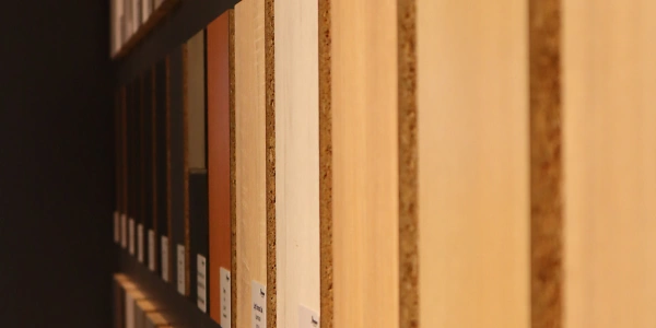 Eine Reihe von Holzmustern, die in einem Regal präsentiert werden. Die Muster zeigen verschiedene Holzarten und Oberflächen, die für Möbel oder Innenausbau verwendet werden können. Jedes Muster ist mit einem Etikett versehen, das die Holzart beschreibt.