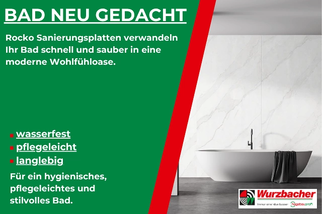 Werbegrafik von Wurzbacher: Rocko Sanierungsplatten verwandeln Ihr Bad schnell und sauber in eine moderne Wohlfühloase. Wasserfest, pflegeleicht und langlebig. Rechts modernes Bad mit freistehender Wanne und hellen Wänden in einer Marmor Optik.