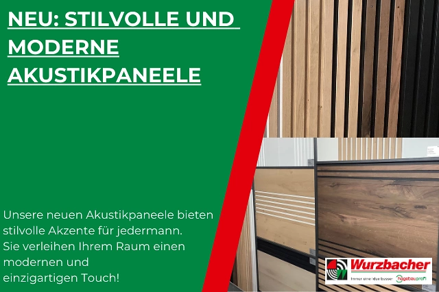 Stilvolle und moderne Akustikpaneele von Wurzbacher bieten stilvolle Akzente für jeden Raum. Sie verleihen Ihrem Raum einen modernen und einzigartigen Touch. Rechts im Bild sind verschiedene Holzpaneele zu sehen. Unten rechts ist das Wurzbacher-Logo.