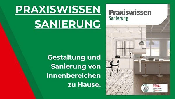 Gerne &mdash; hier ist eine passende Bildbeschreibung:
<br />
<br />Das Bild zeigt ein Werbemotiv zum Thema &bdquo;Praxiswissen Sanierung&ldquo;. Der Hintergrund ist &uuml;berwiegend in Gr&uuml;n gestaltet, mit einem roten diagonalen Farbakzent auf der linken Seite. Oben links steht in gro&szlig;en